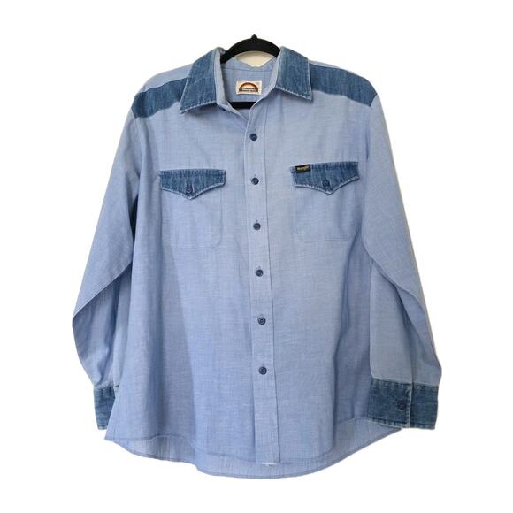 Vintage Wrangler Chambray Denim Western Button Up Shirt Men XL Rodeo Cowboy Blue - Picture 1 of 13